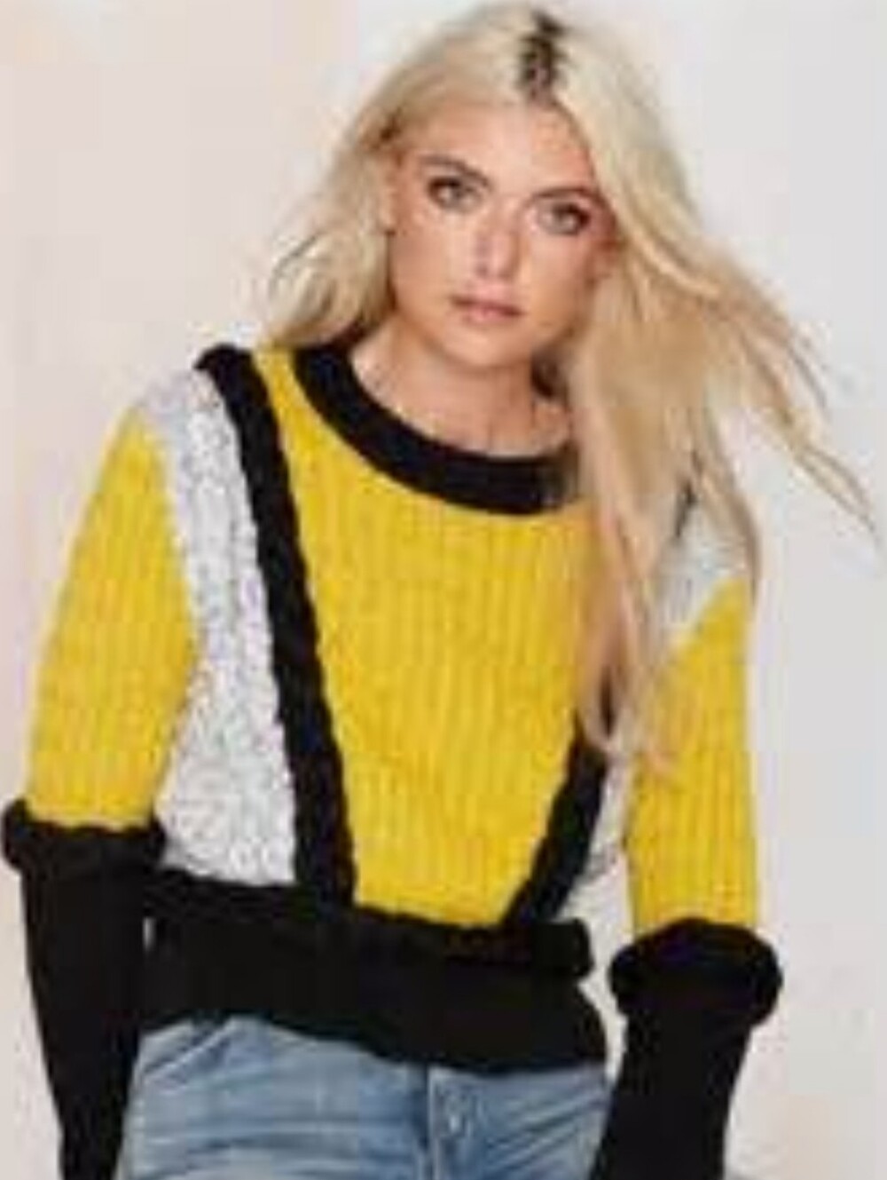 For Love & Lemons Yellow, Black & Cream Colorblock Crewneck Sweater